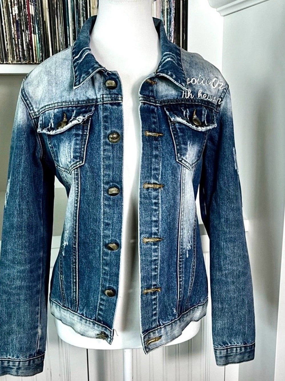 Dupinfushi Garula Y2K Grunge Distressed Star Patch Deconstructed Jean Jacket XL